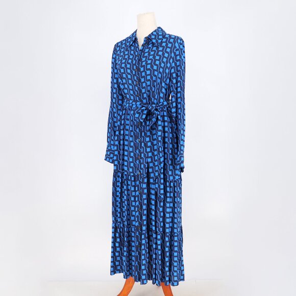 BODEN Flo Tiered Midi Shirt Dress Tie Belt Blue Geo Print Long Sleeve US Size 8 - Picture 3 of 8